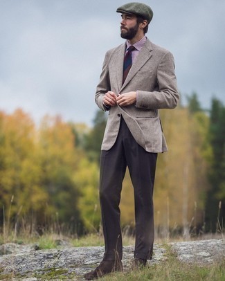Tan Wool Blazer Outfits For Men: Marrying a tan wool blazer and dark brown dress pants will create a elegant, masculine silhouette. The whole getup comes together when you complement your look with a pair of dark brown suede oxford shoes.