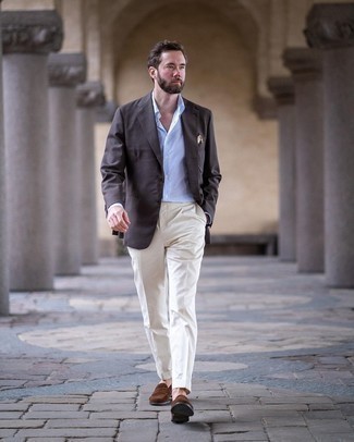 Dark Brown Blazer Outfits For Men: A dark brown blazer looks especially classy when combined with white dress pants. On the footwear front, this look is completed well with brown suede loafers.