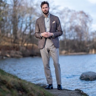Brown Plaid Wool Blazer Outfits For Men: Consider pairing a brown plaid wool blazer with grey wool dress pants for a sleek sophisticated outfit. Complement this getup with navy leather loafers and ta-da: the getup is complete.