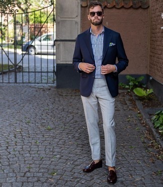 Grey Plaid Dress Pants Outfits For Men: Marrying a navy blazer with grey plaid dress pants is a savvy pick for a dapper and refined ensemble. Dark brown leather loafers are exactly the right shoes here to get you noticed.