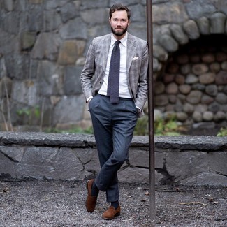 Charcoal Wool Dress Pants Outfits For Men: Solid proof that a grey plaid blazer and charcoal wool dress pants are amazing when matched together in a polished look for a modern man. Choose a pair of brown suede loafers and off you go looking smashing.