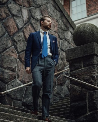 Charcoal Wool Dress Pants Outfits For Men: We love how this pairing of a navy wool blazer and charcoal wool dress pants instantly makes a man look sharp and classy. If not sure about the footwear, introduce brown suede tassel loafers to the mix.