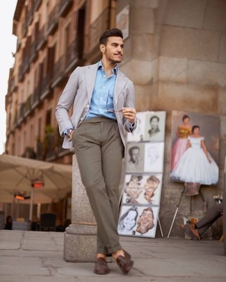 Olive Dress Pants Outfits For Men: This polished pairing of a grey plaid blazer and olive dress pants will be a good manifestation of your styling expertise. Add dark brown leather tassel loafers to the equation and you're all set looking incredible.