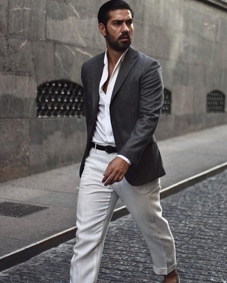Black Suede Belt Outfits For Men: A charcoal blazer and a black suede belt are essential in any gentleman's versatile casual sartorial collection. Complete your getup with grey canvas espadrilles to completely change up the look.