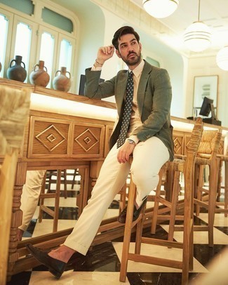 Beige Dress Shirt Outfits For Men: Consider wearing a beige dress shirt and white dress pants to look like a perfect gent. A pair of dark brown leather tassel loafers introduces just the right amount of casualness to this outfit.