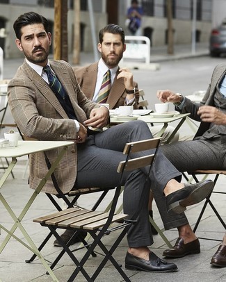 Navy Horizontal Striped Tie Outfits For Men: This combo of a tan plaid blazer and a navy horizontal striped tie is a fail-safe option when you need to look elegant and extra stylish. Black leather tassel loafers are a smart pick to complete this outfit.
