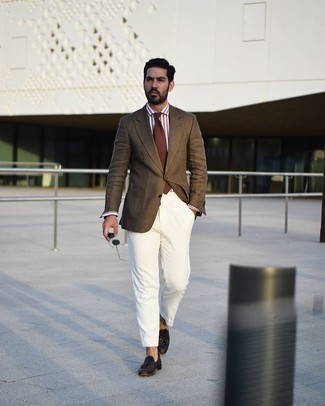 Men's Brown Blazer, White and Brown Vertical Striped Dress Shirt, White Dress Pants, Black Leather Tassel Loafers
