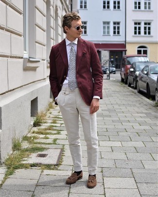 Grey Floral Tie Outfits For Men: Show off your sophisticated self in a burgundy blazer and a grey floral tie. Consider brown suede tassel loafers as the glue that pulls your look together.