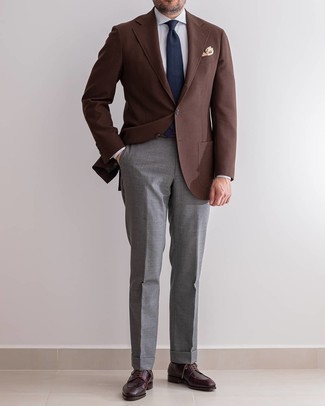 Burgundy Leather Derby Shoes Outfits: A brown blazer and grey dress pants are among the foundations of any versatile wardrobe. We love how cohesive this outfit looks when finished off by burgundy leather derby shoes.