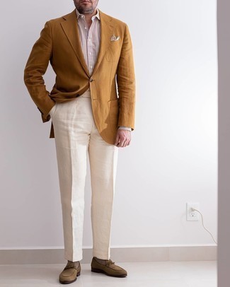 White and Brown Vertical Striped Dress Shirt Outfits For Men: A white and brown vertical striped dress shirt and white dress pants are a truly smart getup to try. Now all you need is a good pair of brown suede loafers.