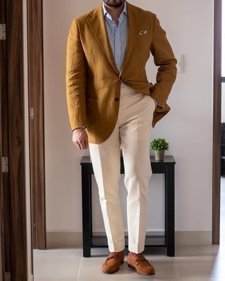 Tobacco Blazer Outfits For Men: For an outfit that's truly Bond-worthy, opt for a tobacco blazer and beige dress pants. Brown suede loafers will be a welcome accompaniment for this outfit.