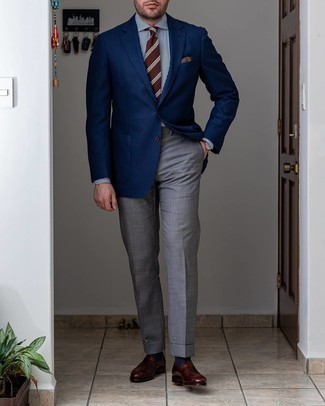 Men's Navy Blazer, White and Navy Vertical Striped Dress Shirt, Grey Dress Pants, Dark Brown Leather Loafers
