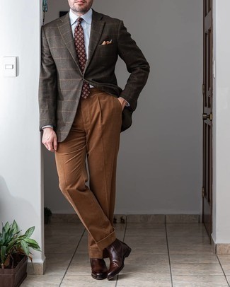 Tobacco Corduroy Dress Pants Outfits For Men: Consider pairing a dark brown check wool blazer with tobacco corduroy dress pants for polished style with a twist. When it comes to shoes, this outfit is rounded off well with dark brown leather chelsea boots.