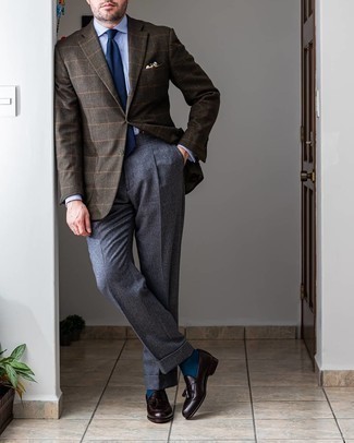 Teal Socks Outfits For Men: A dark brown check wool blazer and teal socks are the ideal way to infuse understated dapperness into your casual styling repertoire. Go ahead and complete your ensemble with dark brown leather tassel loafers for a sense of refinement.