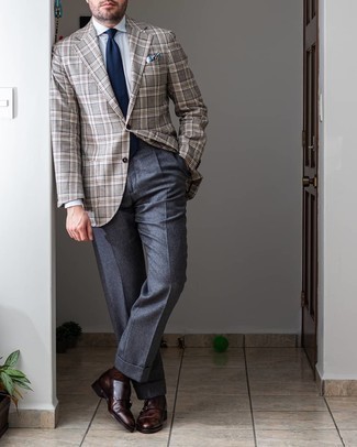 Dark Brown Leather Double Monks Outfits: We're loving how this pairing of a grey plaid blazer and charcoal dress pants instantly makes a man look classy and sharp. Dark brown leather double monks pull the look together.