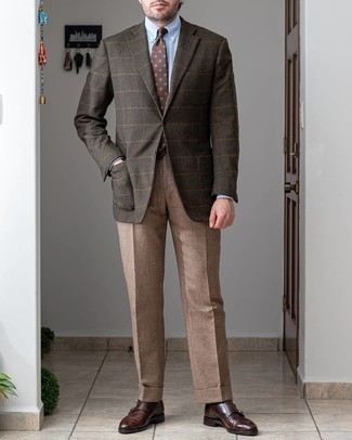 Brown Wool Blazer Outfits For Men: We're loving how this combination of a brown wool blazer and khaki dress pants immediately makes a man look polished and dapper. The whole look comes together when you complete your getup with a pair of dark brown leather double monks.