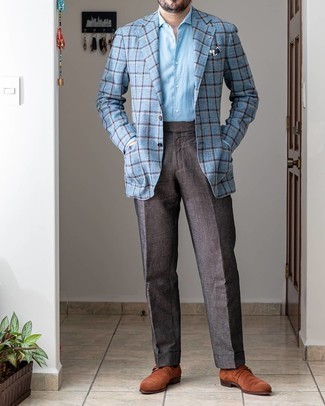 Light Blue Check Blazer Outfits For Men: We're loving the way this pairing of a light blue check blazer and dark brown linen dress pants immediately makes any gent look polished and dapper. The whole getup comes together when you complete this outfit with a pair of tobacco suede monks.