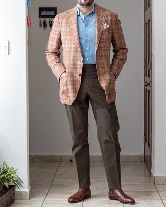 Brown Plaid Blazer Outfits For Men: This is undeniable proof that a brown plaid blazer and dark brown dress pants are amazing when combined together in an elegant ensemble for a modern man. Let your outfit coordination savvy really shine by completing your look with dark brown leather chelsea boots.