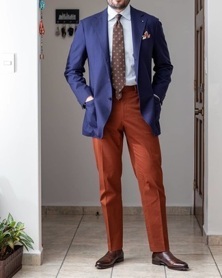 Tobacco Dress Pants Outfits For Men: Make no doubt, you'll look really dapper in a navy blazer and tobacco dress pants. And if you need to immediately play down your ensemble with footwear, complement your ensemble with dark brown leather chelsea boots.