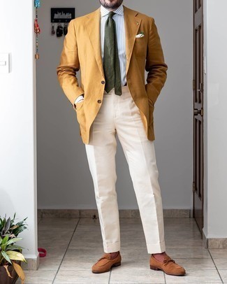 Tobacco Blazer Outfits For Men: This is hard proof that a tobacco blazer and white dress pants look amazing when worn together in a polished ensemble for today's gentleman. A pair of brown suede loafers completes this look very well.