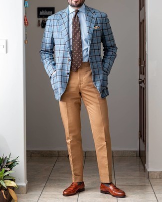Tobacco Polka Dot Tie Outfits For Men: Pairing a light blue plaid blazer and a tobacco polka dot tie is a surefire way to inject personality into your day-to-day styling arsenal. A nice pair of tobacco leather loafers pulls this ensemble together.