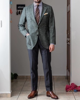 Dark Brown Polka Dot Tie Outfits For Men: A dark green blazer looks especially refined when teamed with a dark brown polka dot tie in a modern man's combination. Loosen things up and add a pair of brown leather desert boots to this outfit.