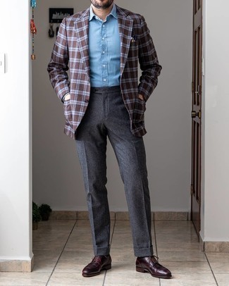 Burgundy Leather Derby Shoes Outfits: A dark brown plaid wool blazer looks especially polished when matched with charcoal wool dress pants. For extra style points, complete your ensemble with burgundy leather derby shoes.