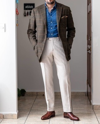 Tobacco Check Blazer Outfits For Men: Try teaming a tobacco check blazer with white dress pants for a neat elegant outfit. Complete this ensemble with dark brown leather chelsea boots et voila, this getup is complete.