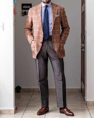 Tobacco Linen Dress Pants Outfits For Men: Marry a brown plaid blazer with tobacco linen dress pants to look like a complete gentleman. Introduce a pair of brown leather double monks to the mix for maximum style.