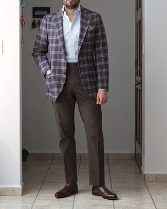 Brown Plaid Blazer Outfits For Men: A brown plaid blazer and dark brown dress pants are absolute must-haves if you're planning a refined closet that holds to the highest men's fashion standards. On the shoe front, this look is rounded off brilliantly with dark brown leather chelsea boots.
