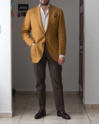 Men's Yellow Blazer, White and Brown Vertical Striped Dress Shirt, Dark Brown Dress Pants, Burgundy Leather Derby Shoes