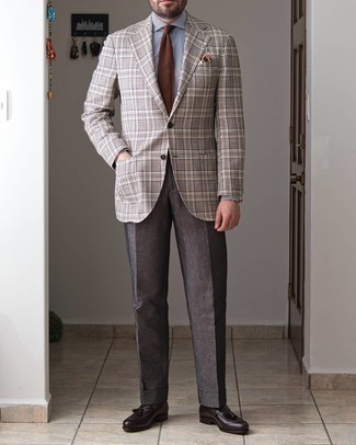 Charcoal Linen Dress Pants Outfits For Men: Marrying a grey plaid blazer and charcoal linen dress pants is a guaranteed way to infuse your wardrobe with some masculine elegance. Consider dark brown leather tassel loafers as the glue that will tie this look together.