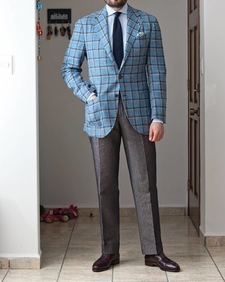 Light Blue Plaid Blazer Outfits For Men: This combination of a light blue plaid blazer and dark brown linen dress pants couldn't possibly come across as anything other than seriously stylish and elegant. Slip into burgundy leather derby shoes et voila, this look is complete.
