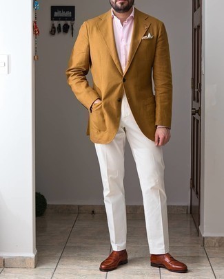 Tobacco Blazer Outfits For Men: Loving the way this combo of a tobacco blazer and white dress pants instantly makes men look sophisticated and smart. If you're wondering how to finish off, a pair of brown leather loafers is a fail-safe option.