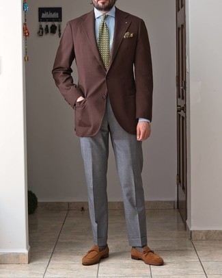 Men's Brown Blazer, White and Blue Vertical Striped Dress Shirt, Grey Dress Pants, Brown Suede Loafers
