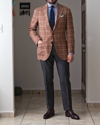 Dark Brown Plaid Wool Blazer Outfits For Men: Choose a dark brown plaid wool blazer and charcoal dress pants if you're going for a clean-cut, stylish look. Burgundy leather derby shoes are a nice idea to round off your look.