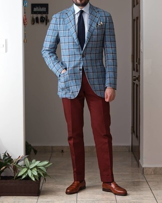 Red Dress Pants Outfits For Men: You'll be surprised at how easy it is to put together this classy ensemble. Just a light blue plaid wool blazer and red dress pants. Let your outfit coordination prowess truly shine by rounding off this getup with a pair of brown leather loafers.