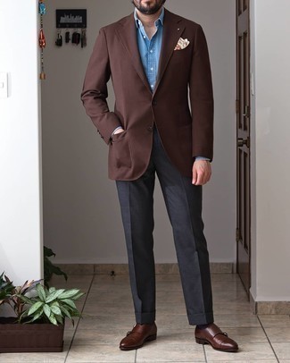Dark Brown Leather Double Monks Warm Weather Outfits: This combination of a dark brown blazer and charcoal dress pants is a winning option when you need to look like a modern gent. Complement this ensemble with dark brown leather double monks and the whole outfit will come together perfectly.