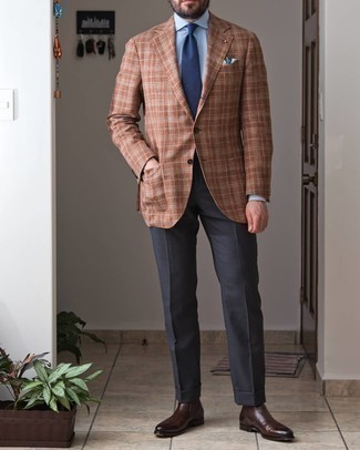 Dark Brown Plaid Wool Blazer Outfits For Men: This pairing of a dark brown plaid wool blazer and charcoal dress pants is a never-failing option when you need to look classy and truly stylish. We're totally digging how a pair of dark brown leather chelsea boots makes this getup complete.