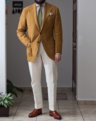 Men's Yellow Blazer, White and Brown Vertical Striped Dress Shirt, White Dress Pants, Brown Leather Loafers