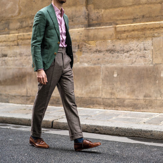Brown Check Wool Dress Pants Outfits For Men: For a look that's polished and envy-worthy, wear a dark green blazer with brown check wool dress pants. A good pair of brown leather derby shoes ties this look together.