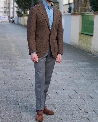 Dark Brown Herringbone Wool Blazer Dressy Outfits For Men: For an outfit that's classy and Kingsman-worthy, wear a dark brown herringbone wool blazer with grey dress pants. If you wish to easily dress up this look with a pair of shoes, why not complement your look with brown suede oxford shoes?
