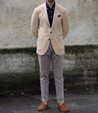 Tan Check Blazer Outfits For Men: For elegant style with a modern finish, go for a tan check blazer and grey dress pants. For extra style points, complete your look with brown suede loafers.