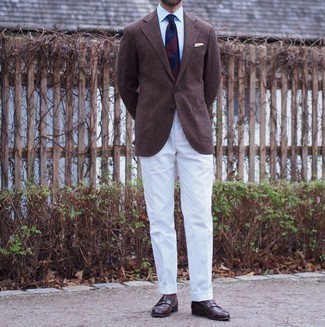 207 Dressy Spring Outfits For Men: Channel your inner expert in modern men's fashion and wear a brown wool blazer and white dress pants. Dark brown leather loafers integrate effortlessly within a ton of looks. So so as you can see, it's a knockout, not to mention season-appropriate, getup to have in your transitional rotation.
