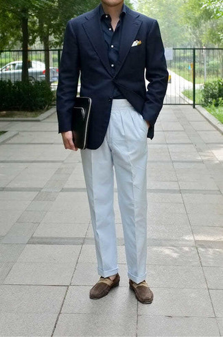 Navy Blazer Outfits For Men: Swing into something elegant and timeless with a navy blazer and white dress pants. Consider dark brown suede loafers as the glue that will bring your getup together.