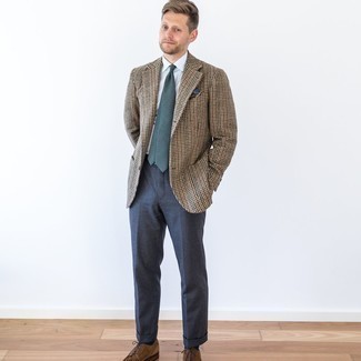 Men's Brown Houndstooth Wool Blazer, White Dress Shirt, Charcoal Wool Dress Pants, Brown Suede Derby Shoes