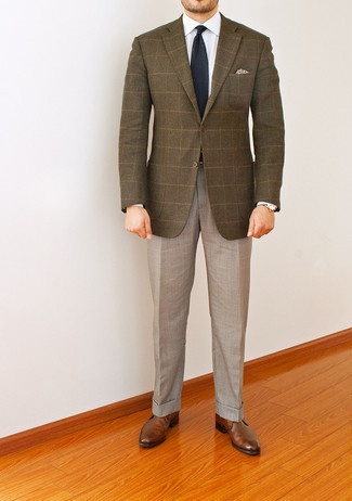 Tobacco Check Blazer Outfits For Men: Swing into something refined yet trendy in a tobacco check blazer and khaki dress pants. Got bored with this look? Invite a pair of brown leather desert boots to shake things up.