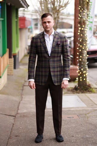 Dark Green Plaid Blazer Outfits For Men: A dark green plaid blazer and dark brown dress pants are absolute must-haves if you're piecing together a polished closet that holds to the highest sartorial standards. Introduce a pair of navy suede tassel loafers to the mix for extra style points.