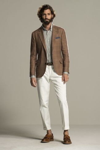 Men's Brown Plaid Blazer, Grey Dress Shirt, White Dress Pants, Brown Leather Tassel Loafers