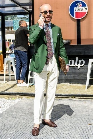 Green Blazer Outfits For Men: This is solid proof that a green blazer and white dress pants are amazing when worn together in a polished ensemble for today's guy. Our favorite of a great number of ways to finish off this ensemble is brown woven leather tassel loafers.